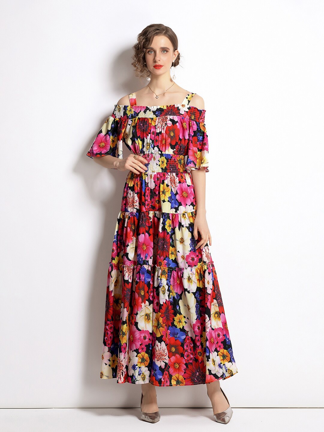 

JC Collection Red & Pink Floral Off-Shoulder Maxi Dress