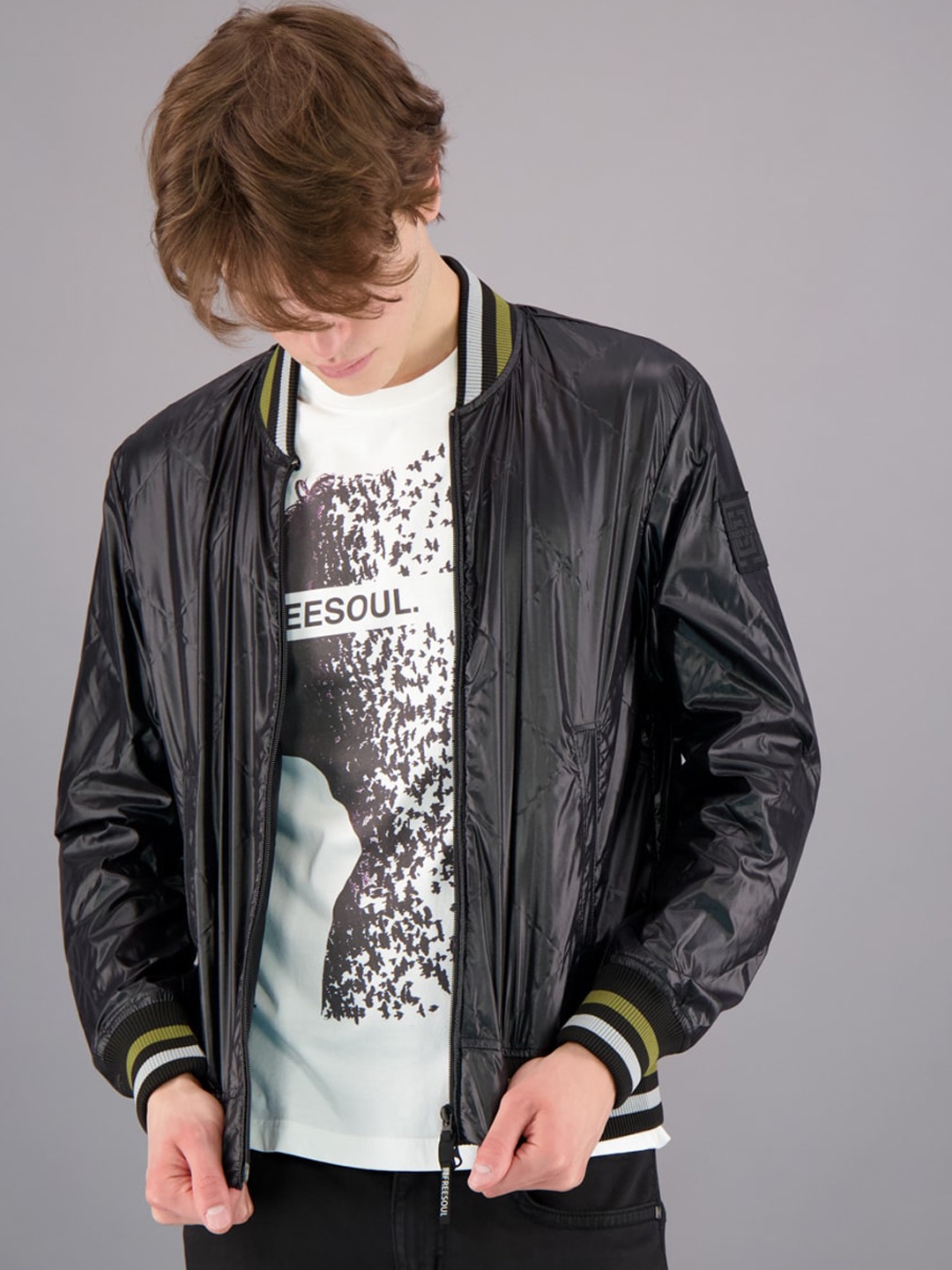

FREESOUL Men Black Lightweight Crop Bomber Jacket