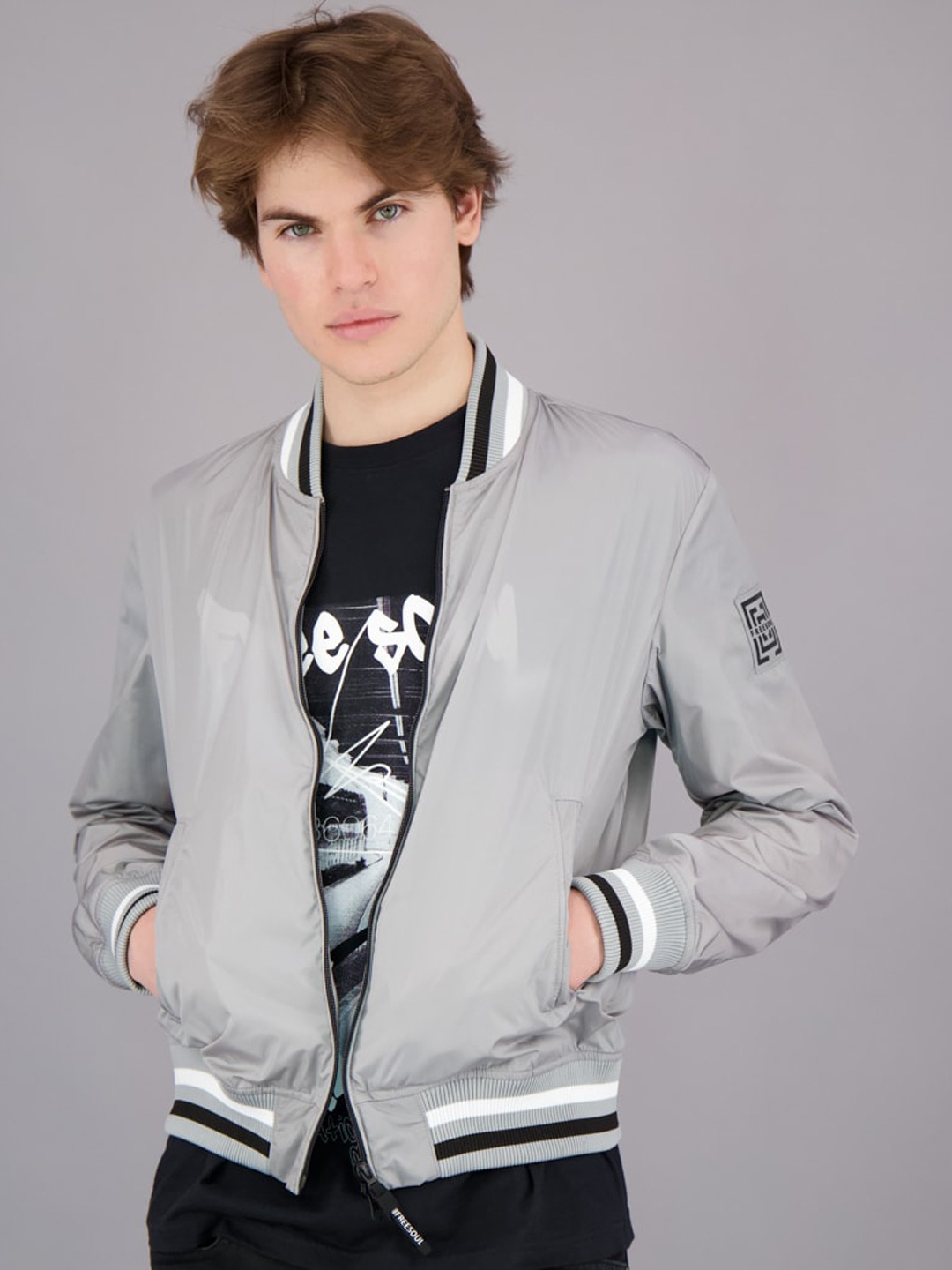 

FREESOUL Men Grey White Lightweight Crop Bomber Jacket