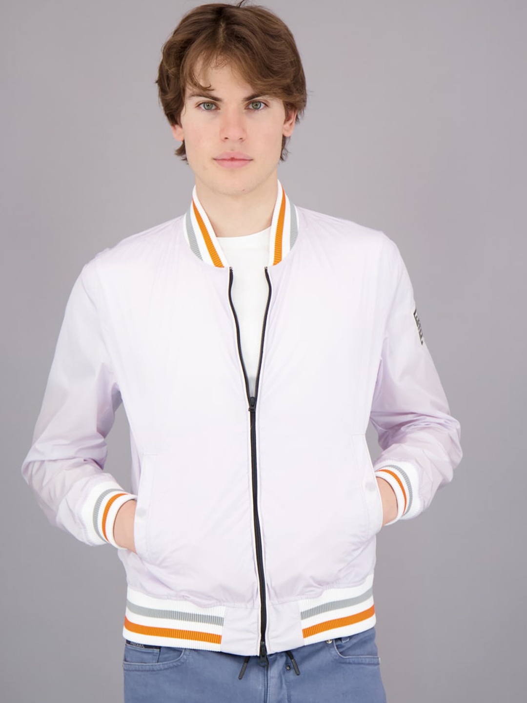 

FREESOUL Men White Orange Lightweight Bomber Jacket