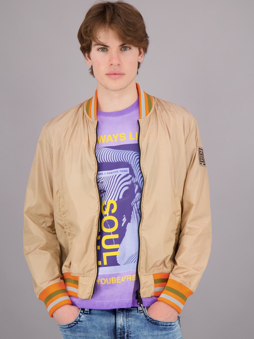 

FREESOUL Men Beige Lightweight Crop Bomber Jacket