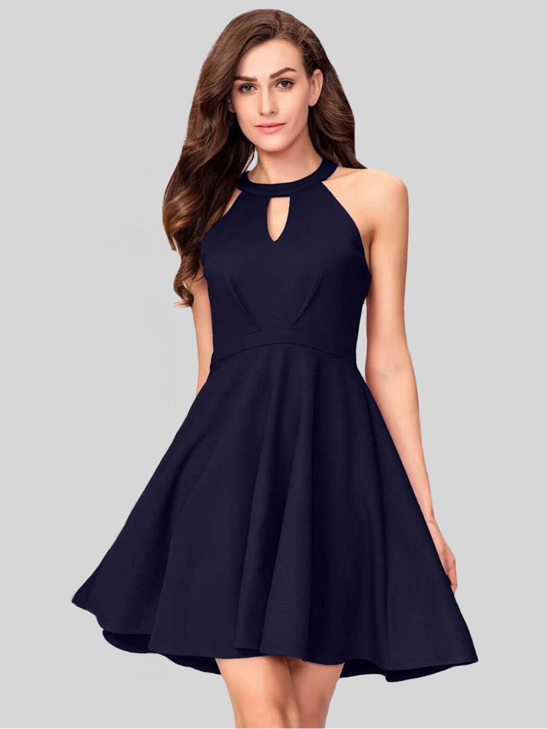 

ADDYVERO Navy Blue Keyhole Neck Dress