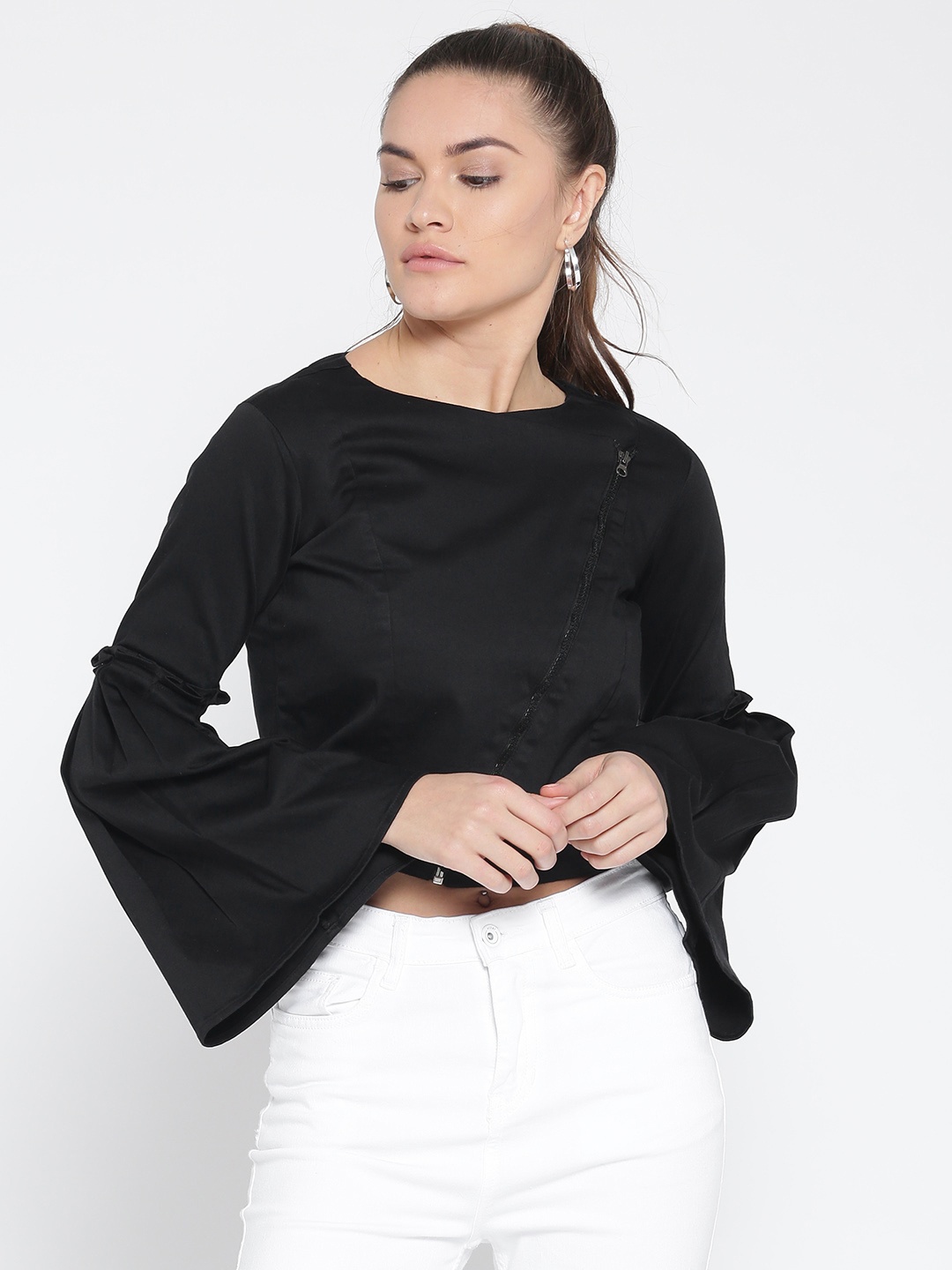 

Style Quotient Women Black Solid Asymmetric Closure Crop Jacket