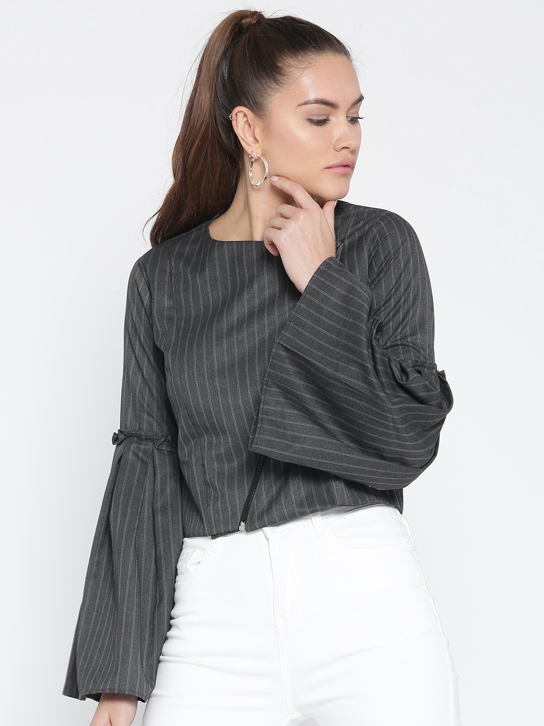 

Style Quotient Women Charcoal Grey Striped Asymmetric Closure Crop Jacket