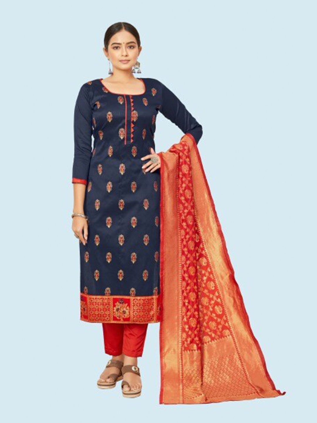 

MORLY Blue & Orange Dupion Silk Unstitched Dress Material
