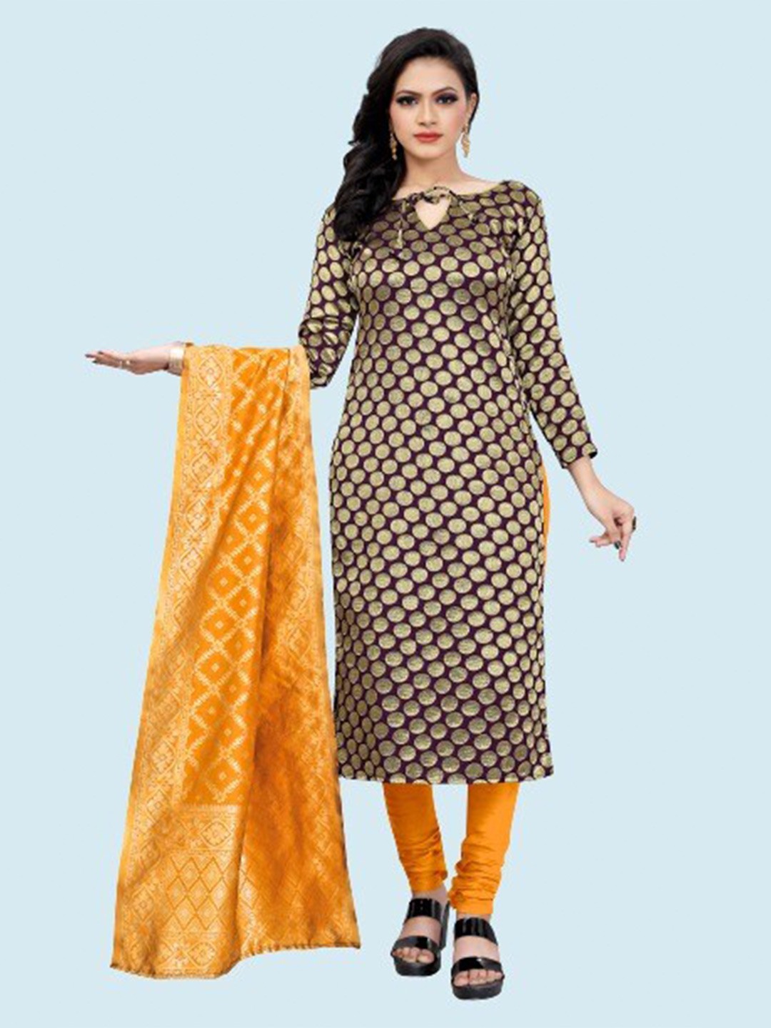 

MORLY Purple & Orange Dupion Silk Unstitched Dress Material