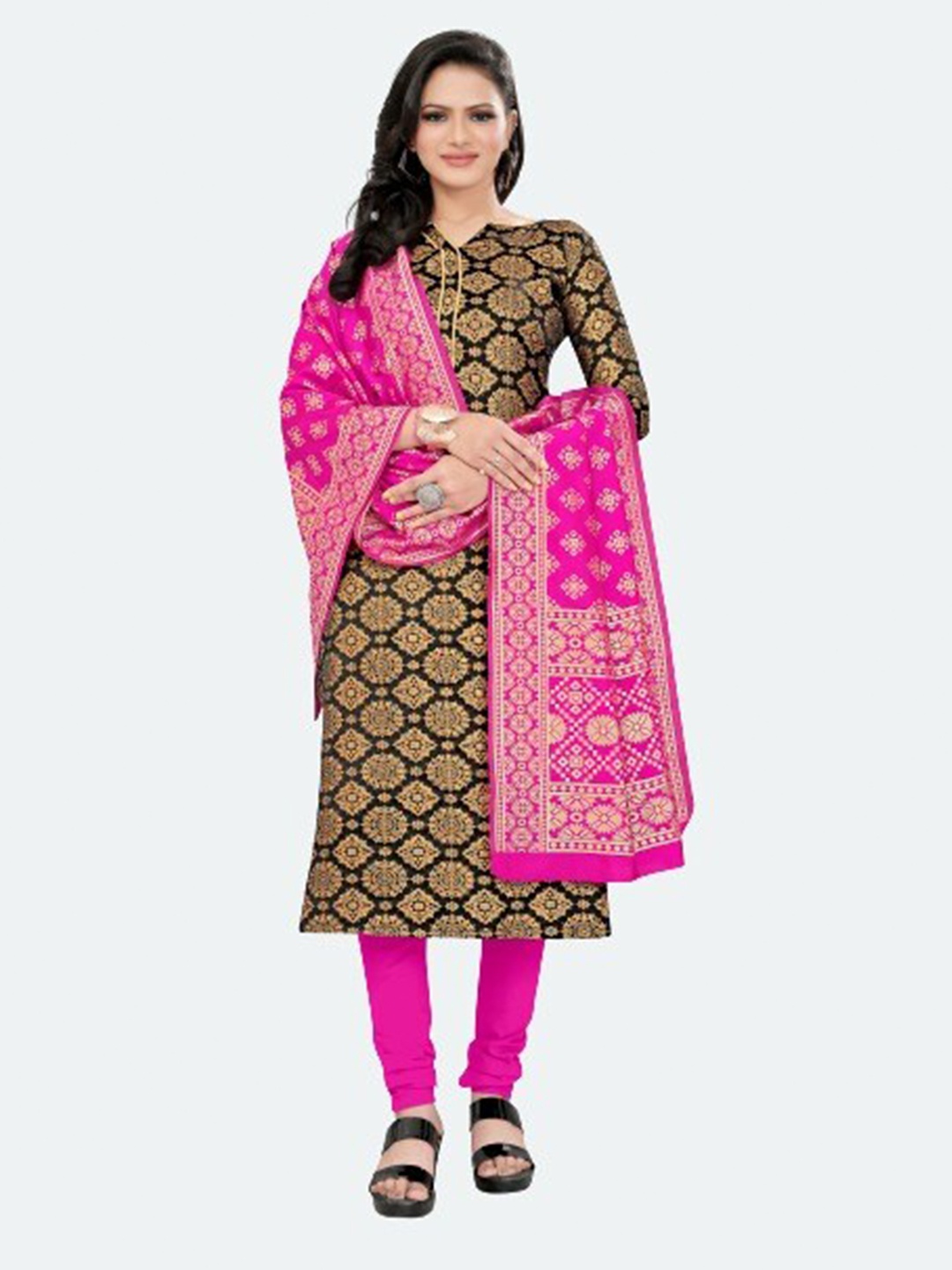 

MORLY Black & Pink Dupion Silk Unstitched Dress Material