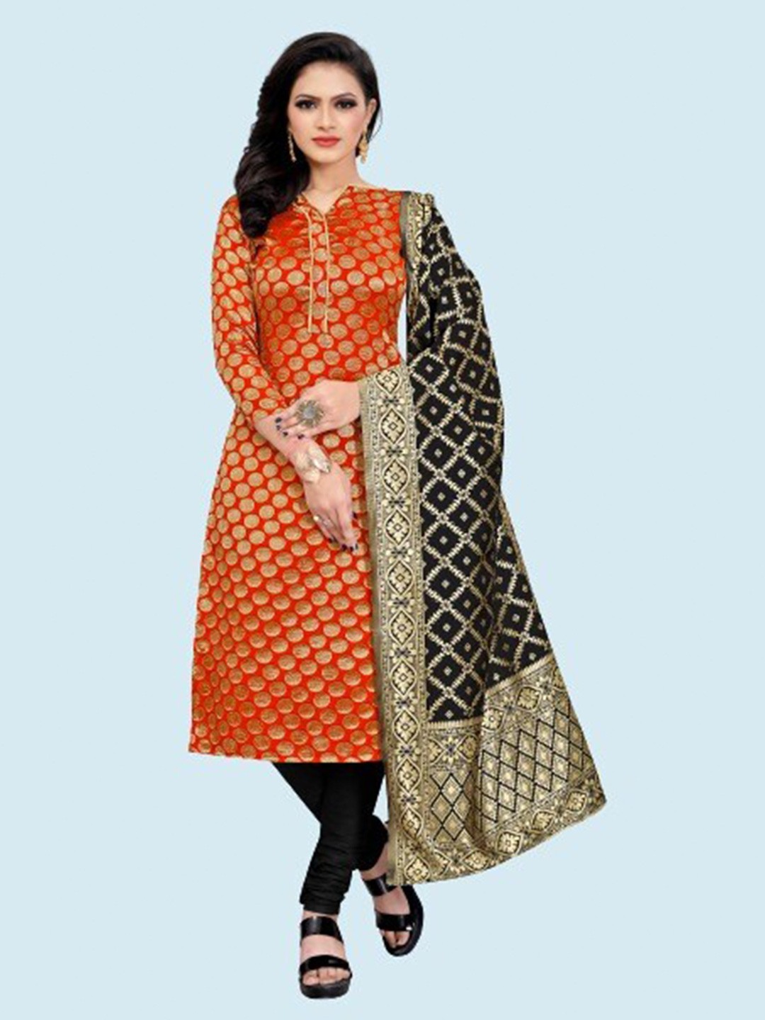 

MORLY Red & Navy Blue Dupion Silk Unstitched Dress Material