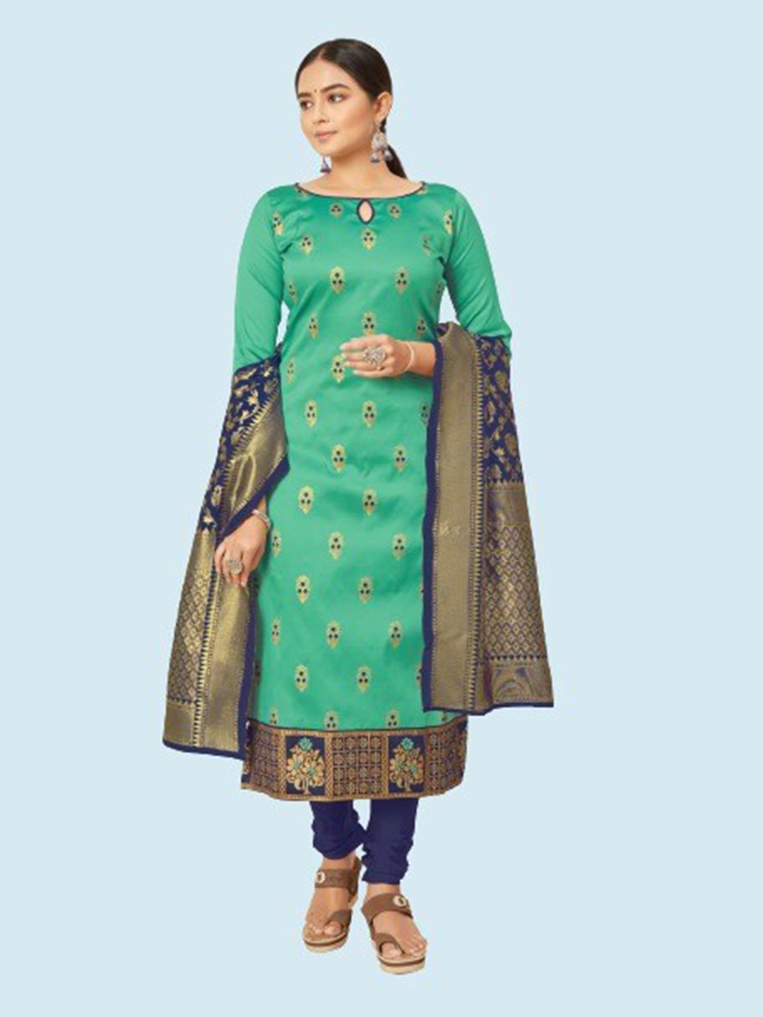 

MORLY Sea Green & Blue Dupion Silk Unstitched Dress Material