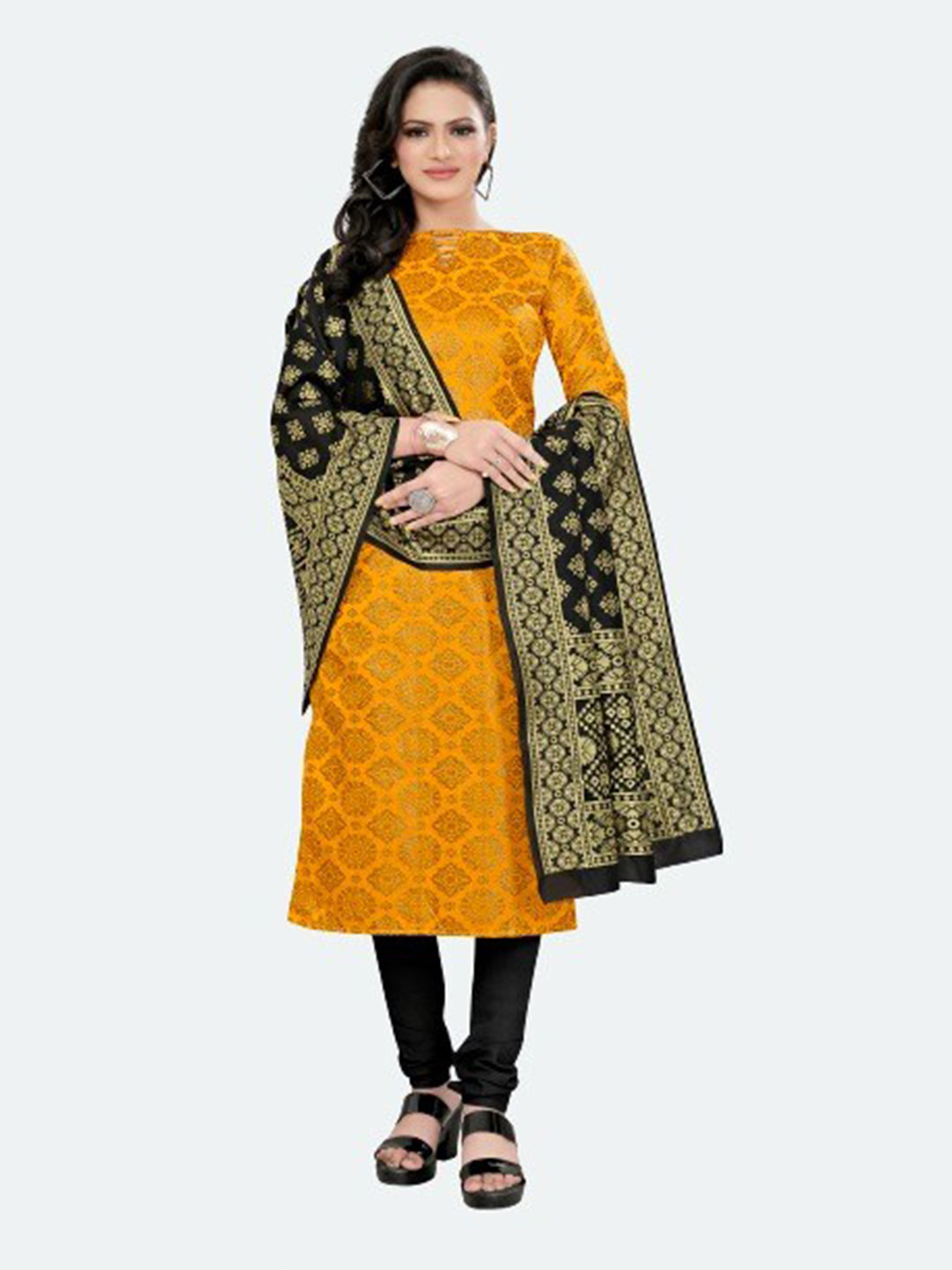 

MORLY Yellow & Black Dupion Silk Unstitched Dress Material
