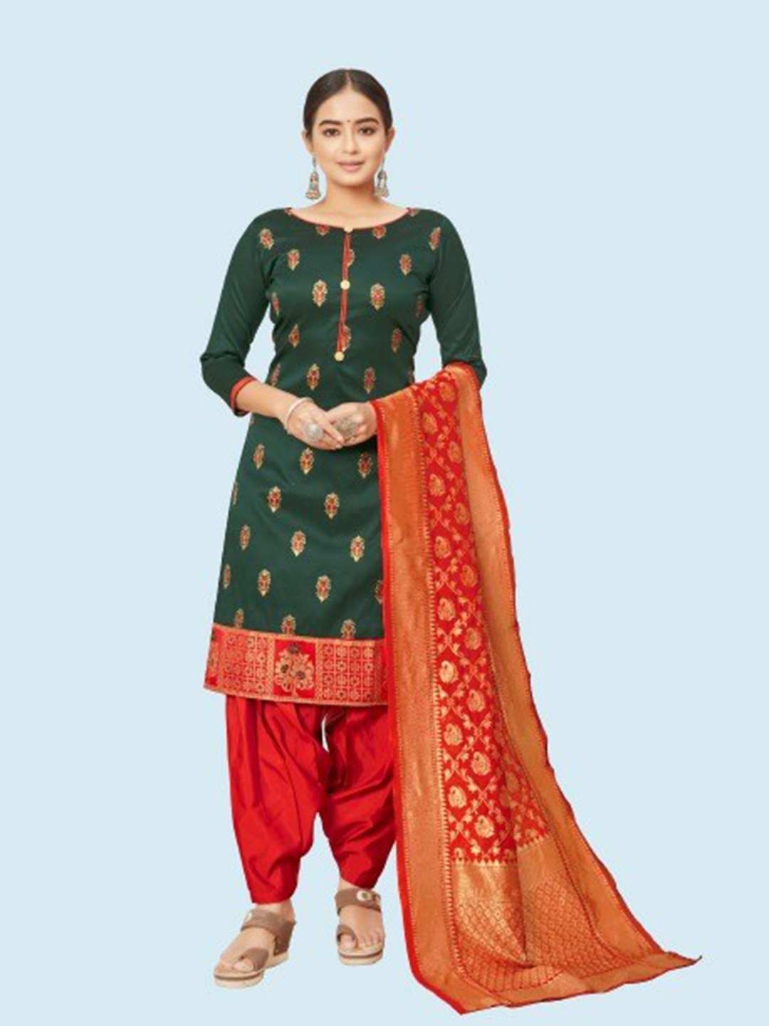 

MORLY Green & Orange Dupion Silk Unstitched Dress Material