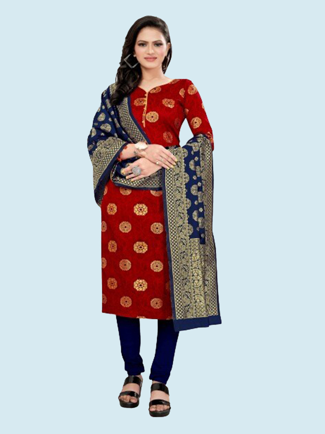 

MORLY Red & Black Dupion Silk Unstitched Dress Material