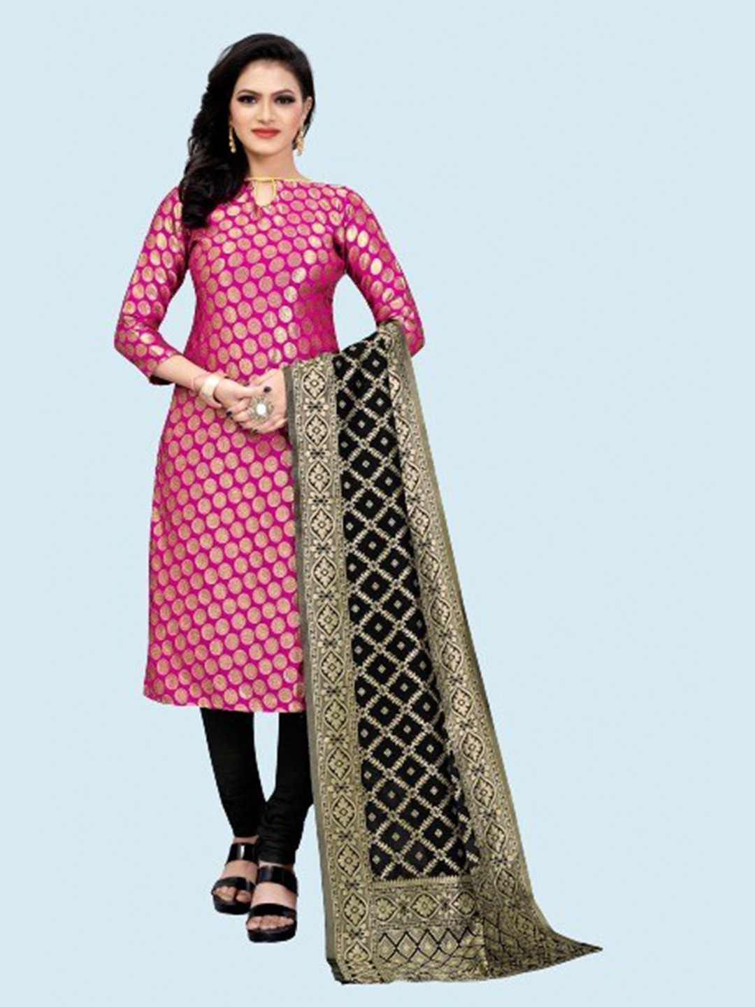 

MORLY Women Pink & Black Dupion Silk Unstitched Dress Material