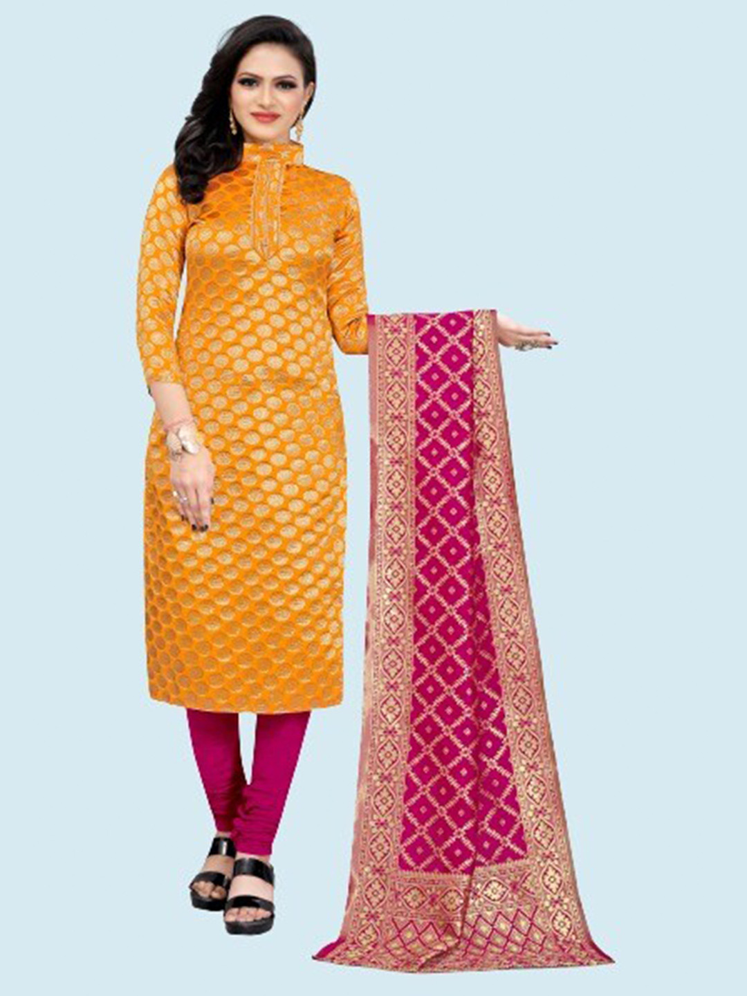 

MORLY Women Yellow & Pink Dupion Silk Unstitched Dress Material