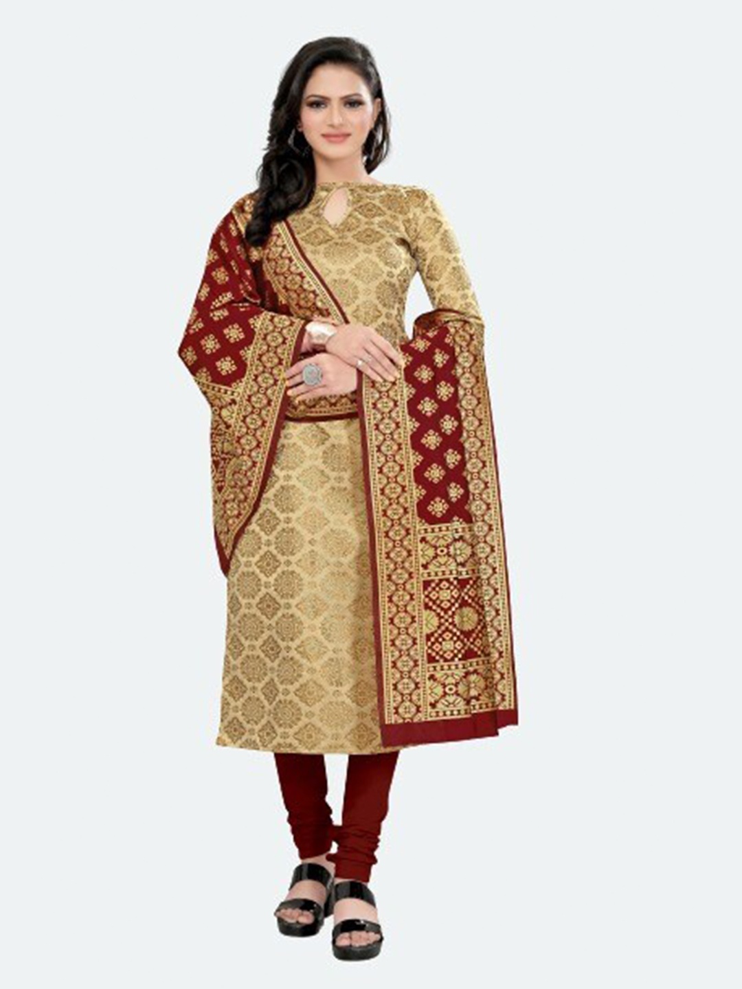 

MORLY Women Beige & Maroon Dupion Silk Unstitched Dress Material