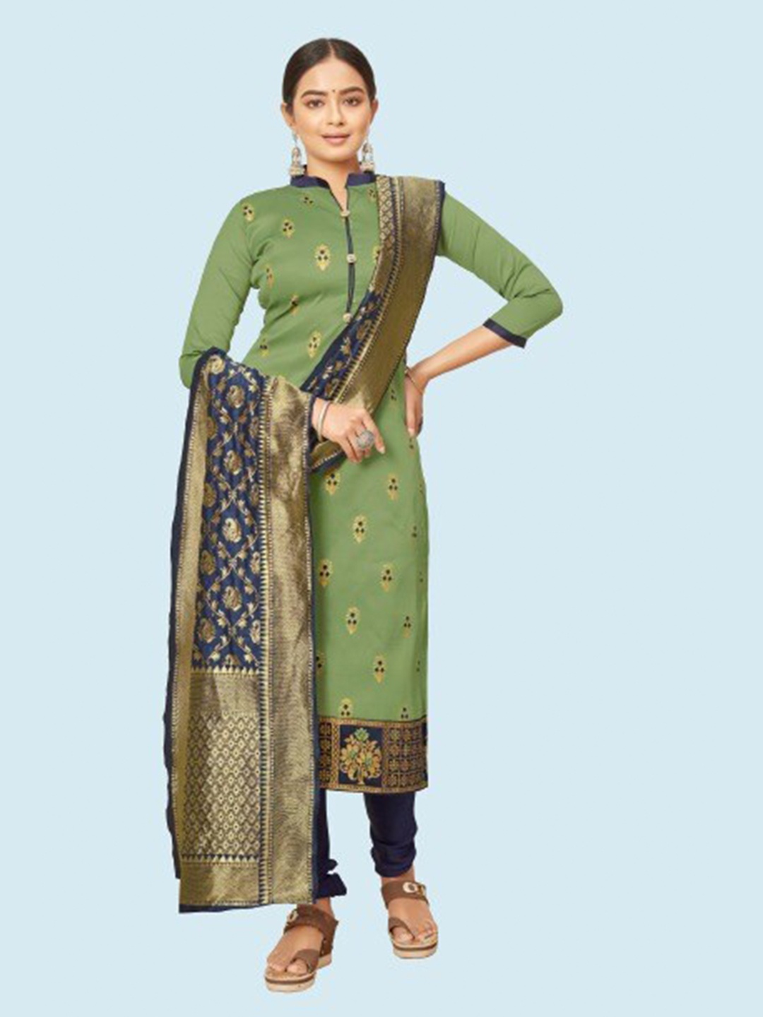 

MORLY Green & Blue Dupion Silk Unstitched Dress Material