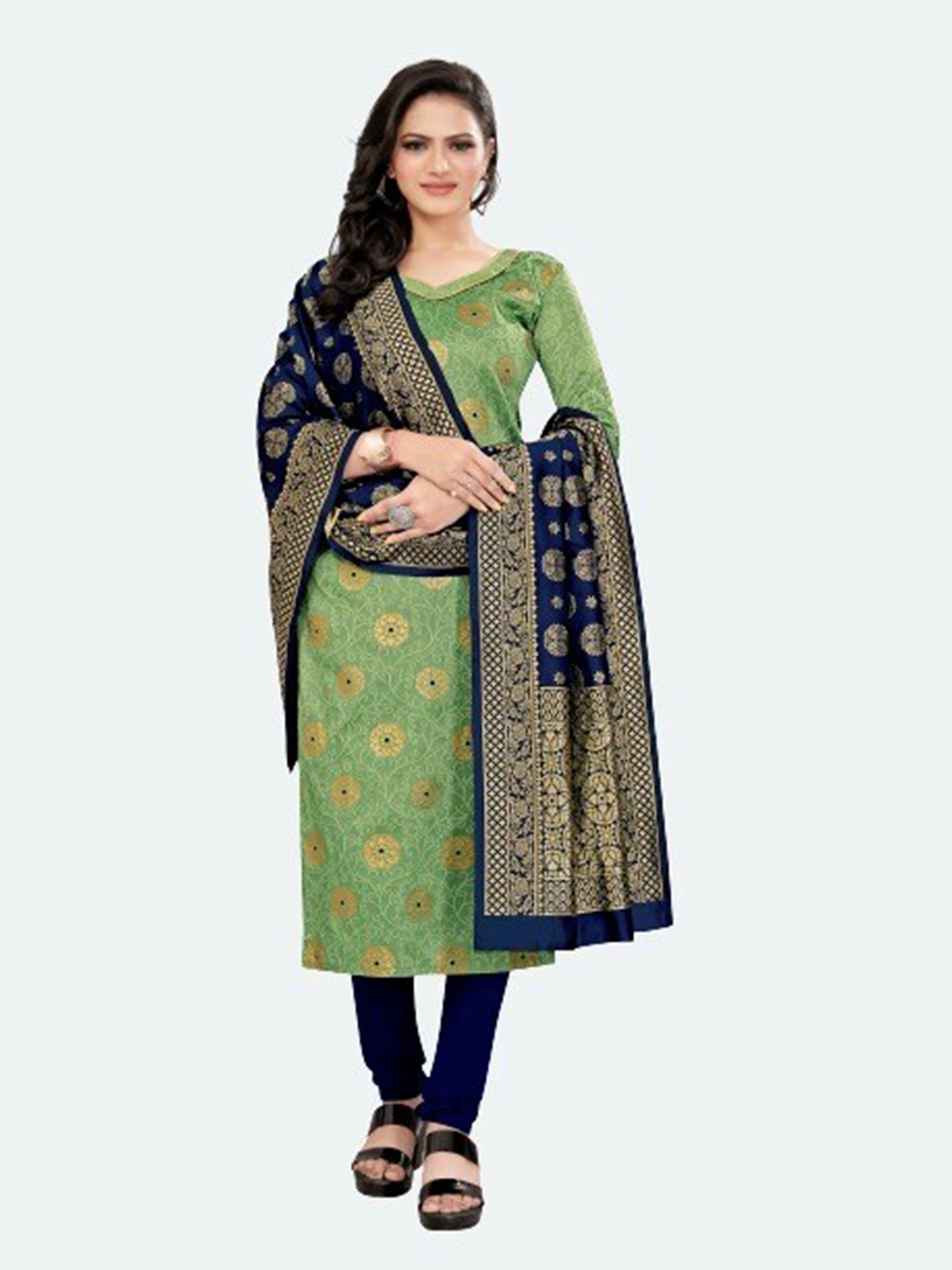 

MORLY Green & Blue Dupion Silk Unstitched Dress Material