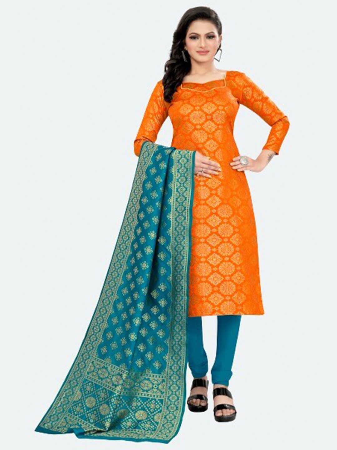 

MORLY Orange & Blue Dupion Silk Unstitched Dress Material