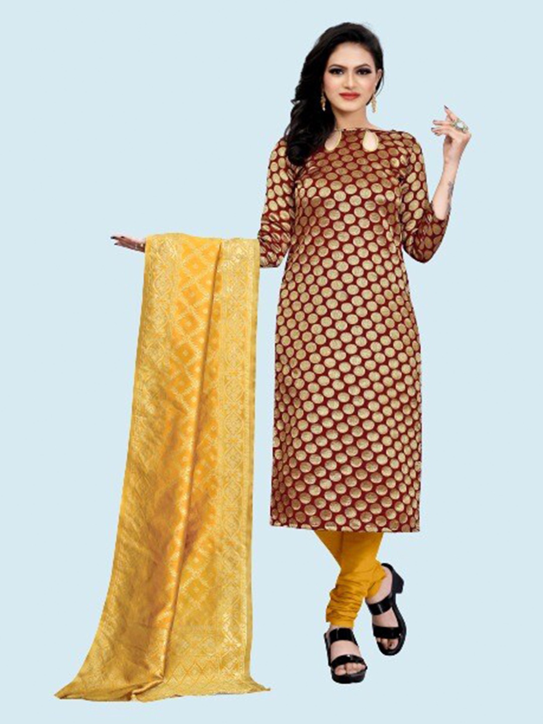 

MORLY Maroon & Yellow Dupion Silk Unstitched Dress Material