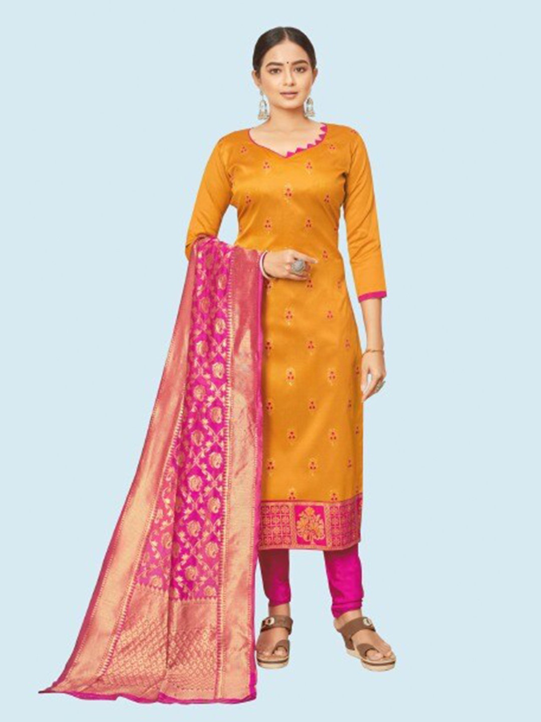 

MORLY Women Yellow & Pink Dupion Silk Unstitched Dress Material