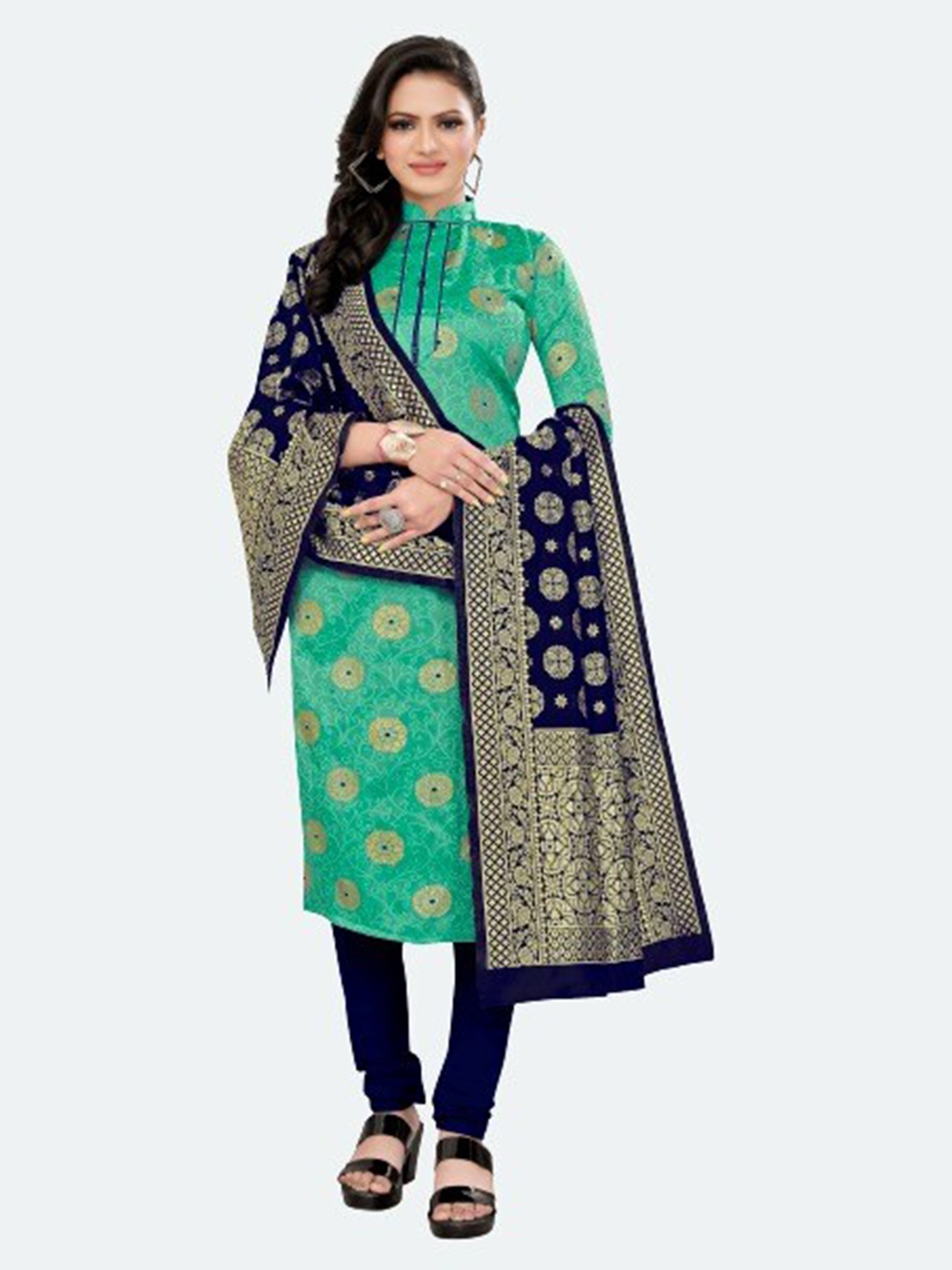 

MORLY Women Sea Green & Blue Dupion Silk Unstitched Dress Material