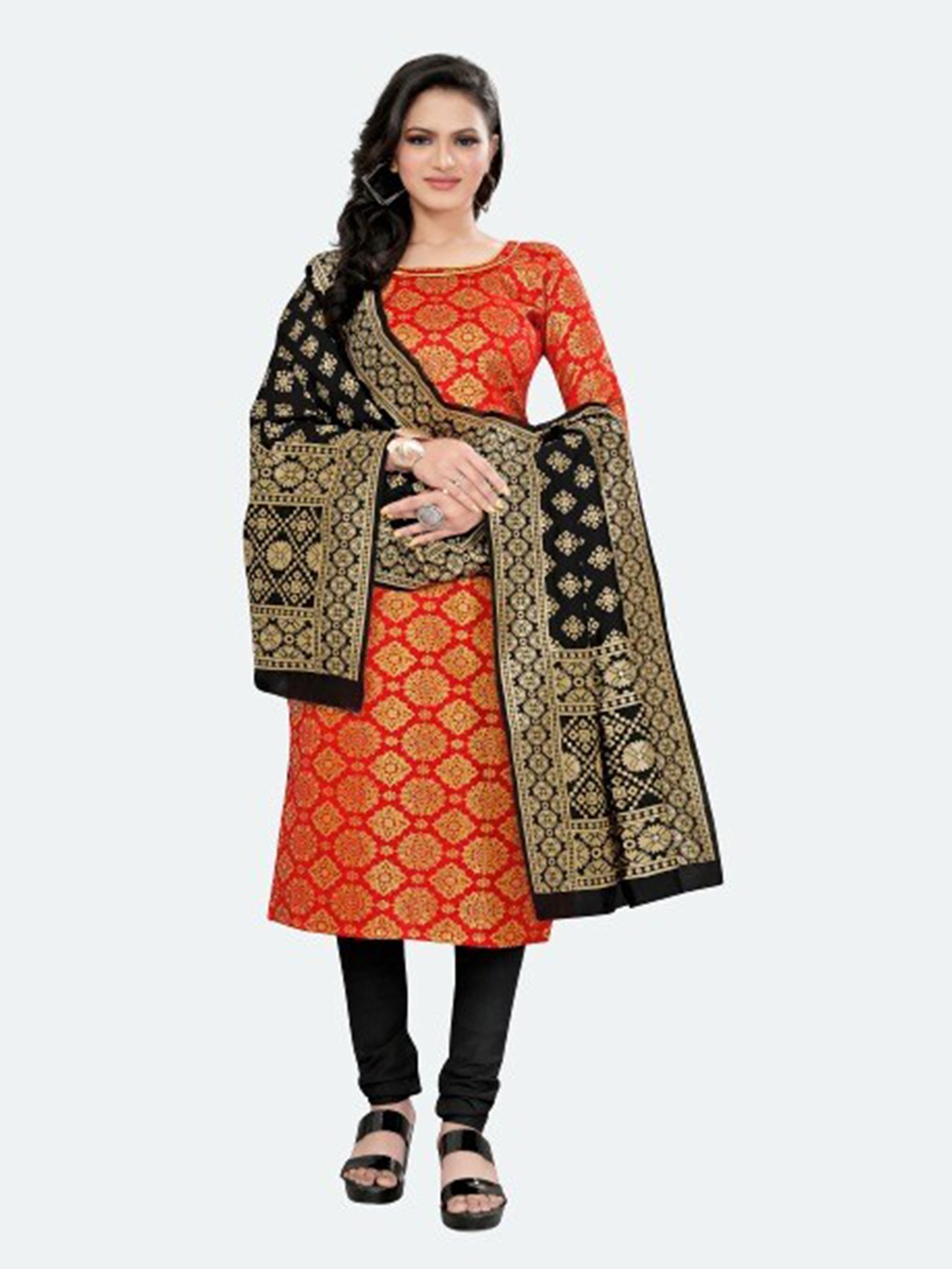 

MORLY Women Red & Black Dupion Silk Unstitched Dress Material