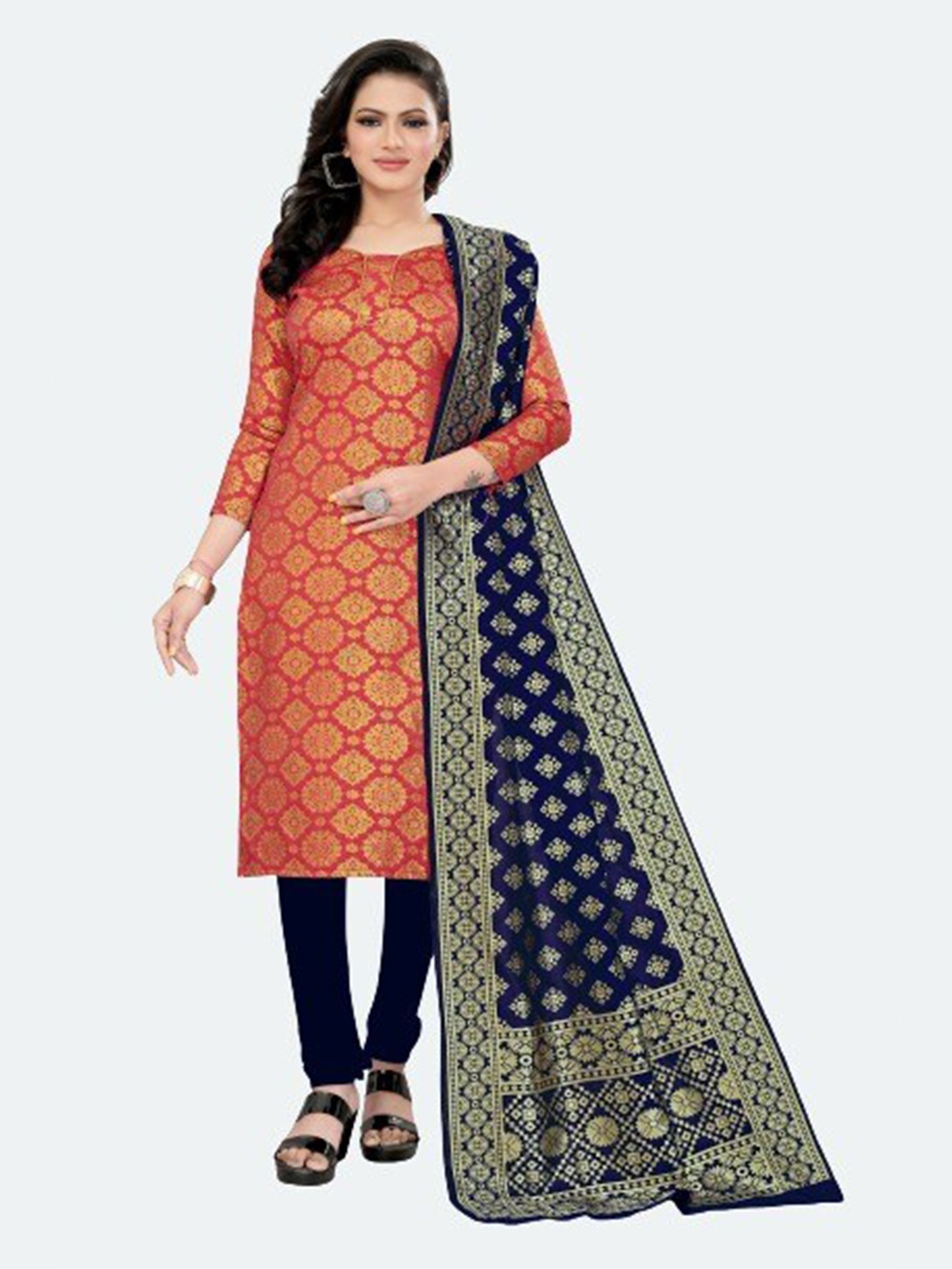 

MORLY Women Red & Navy Blue Dupion Silk Unstitched Dress Material
