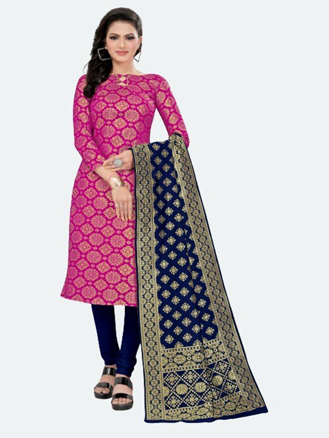 

MORLY Pink & Navy Blue Dupion Silk Unstitched Dress Material
