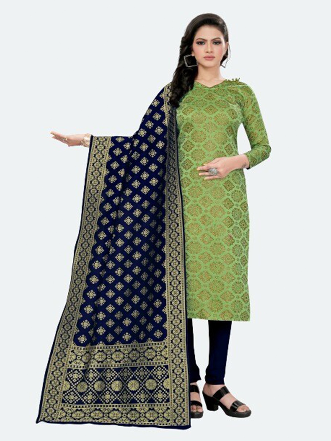 

MORLY Green & Blue Dupion Silk Unstitched Dress Material