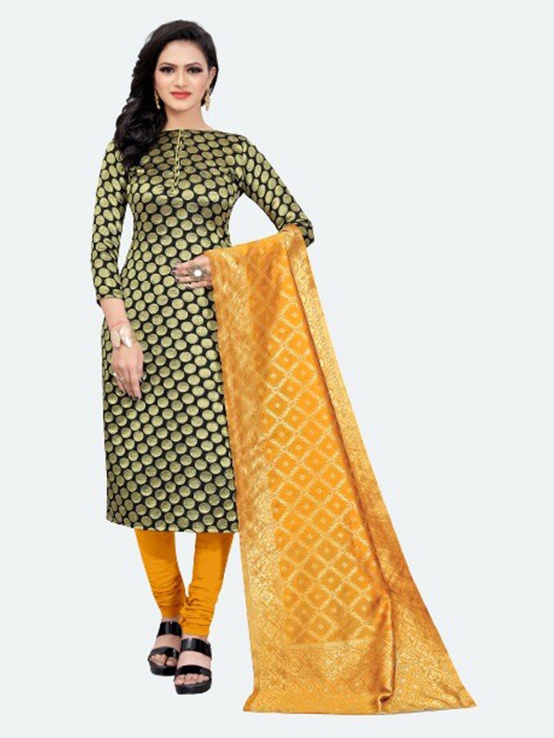 

MORLY Black & Yellow Dupion Silk Unstitched Dress Material