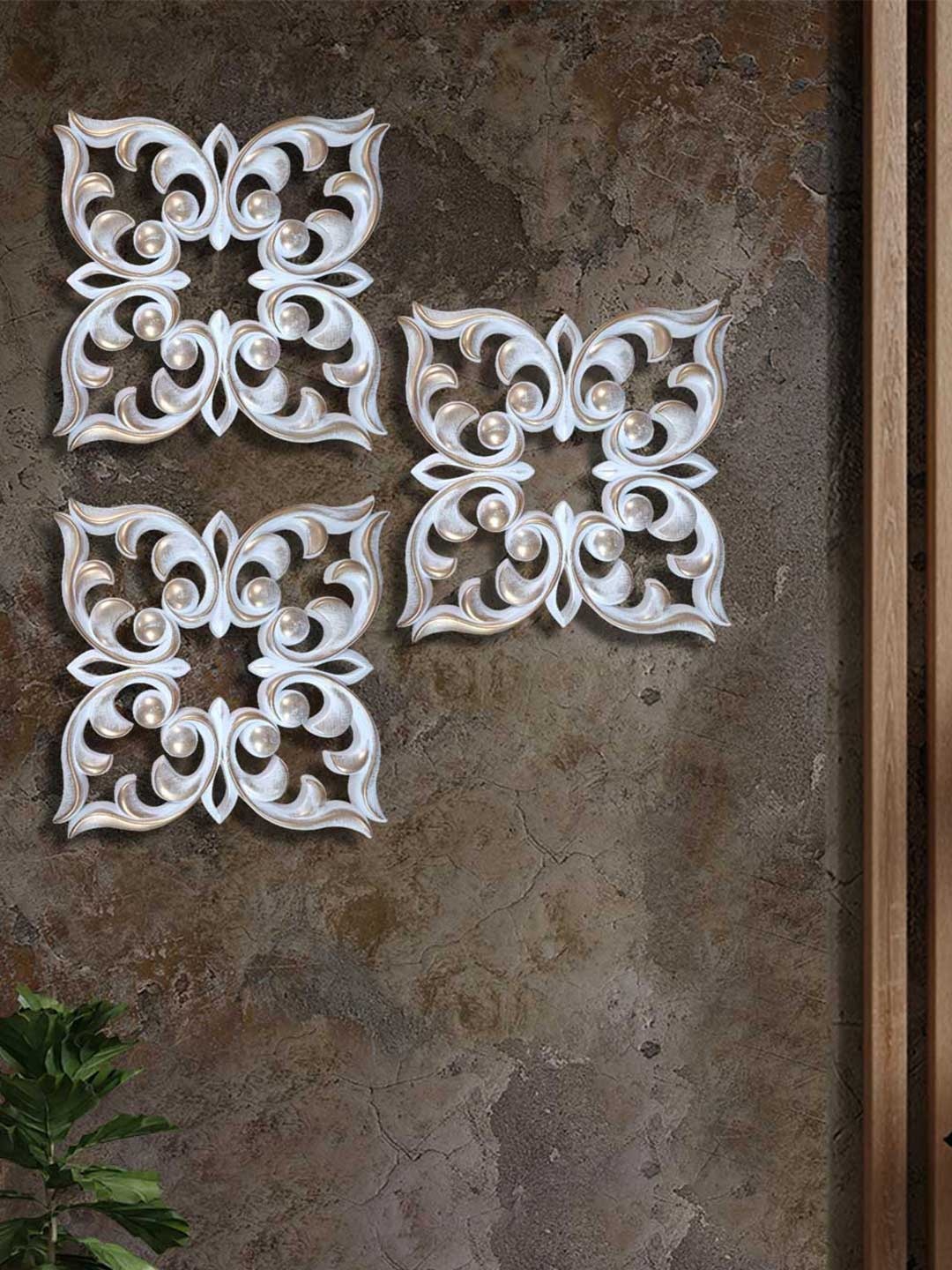 

Art Street Pack of 3 White-Golden Plastic Square Wall Decor Plates