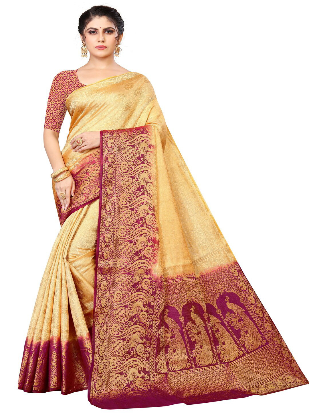 

MOKSHA DESIGNS Cream-Coloured & Maroon Woven Design Zari Pure Silk Kanjeevaram Saree