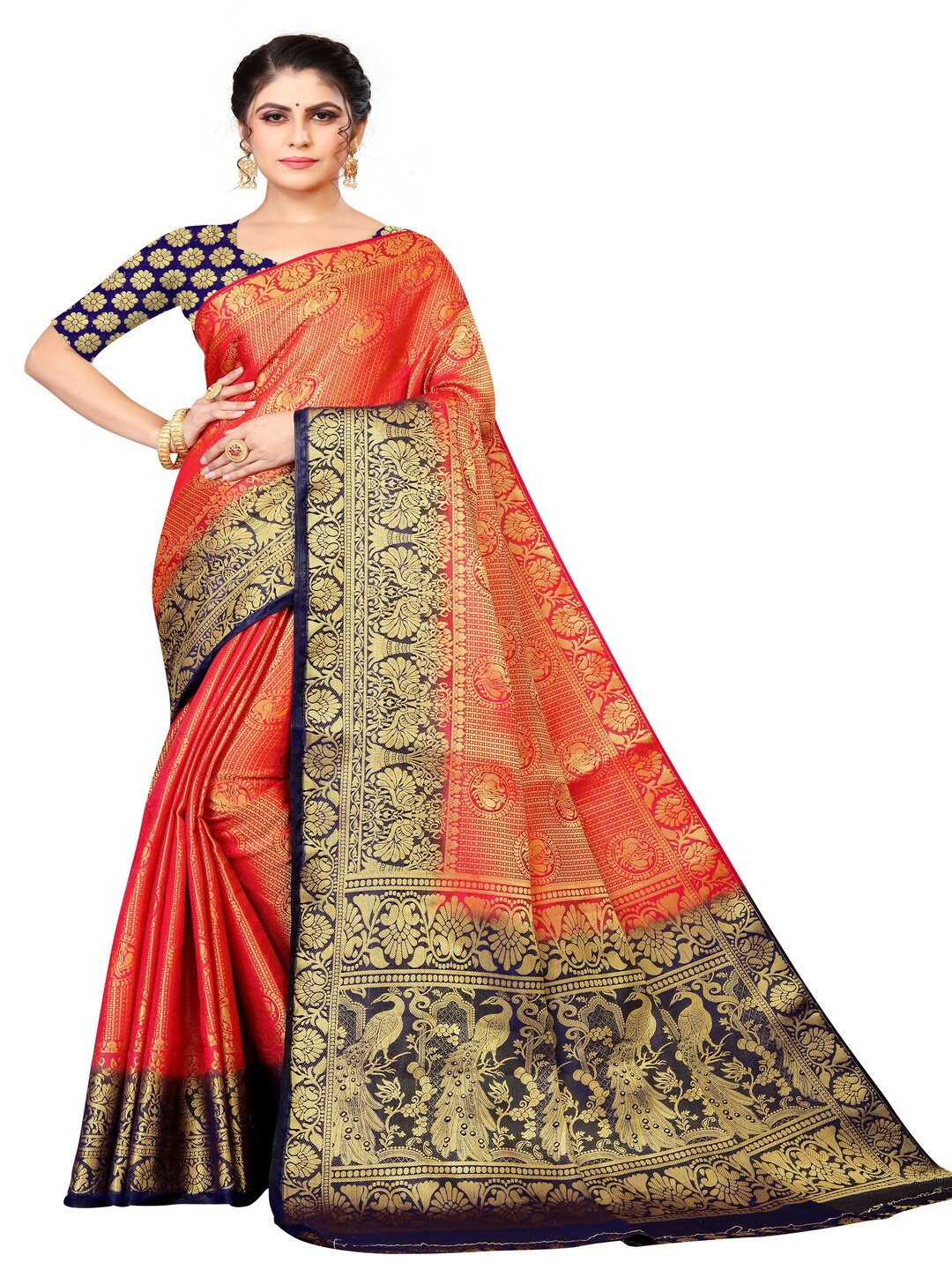 

MOKSHA DESIGNS Orange & Black Woven Design Zari Pure Silk Kanjeevaram Saree