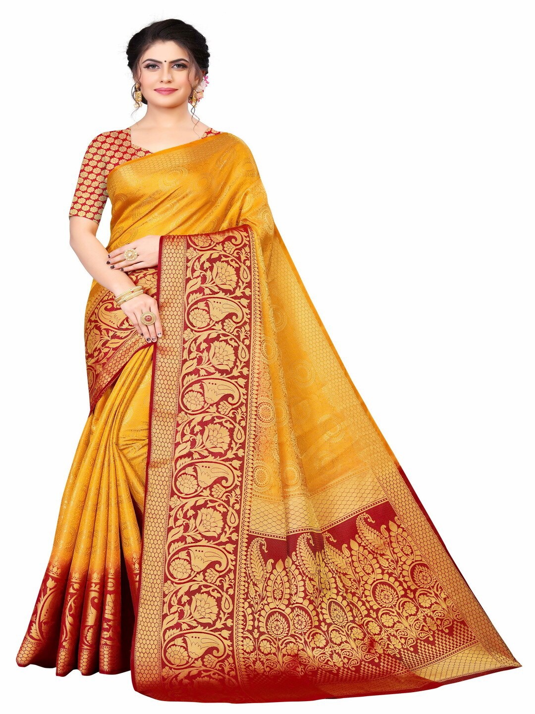 

MOKSHA DESIGNS Women Gold-Toned & Red Woven Design Zari Pure Silk Kanjeevaram Saree