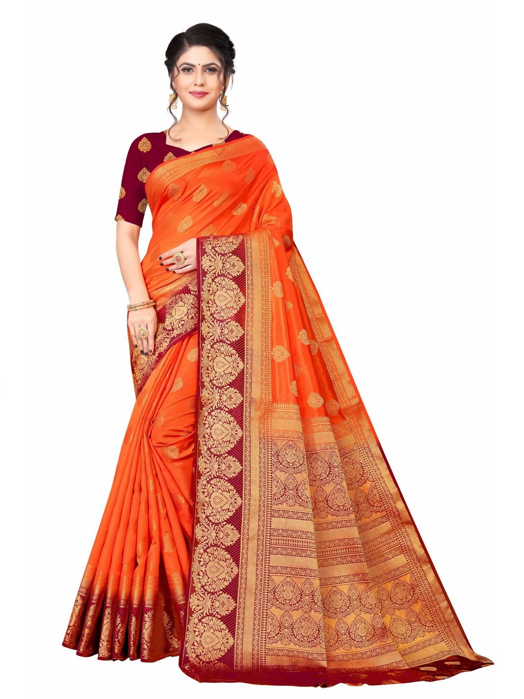 

MOKSHA DESIGNS Orange & Maroon Woven Design Zari Pure Silk Kanjeevaram Saree