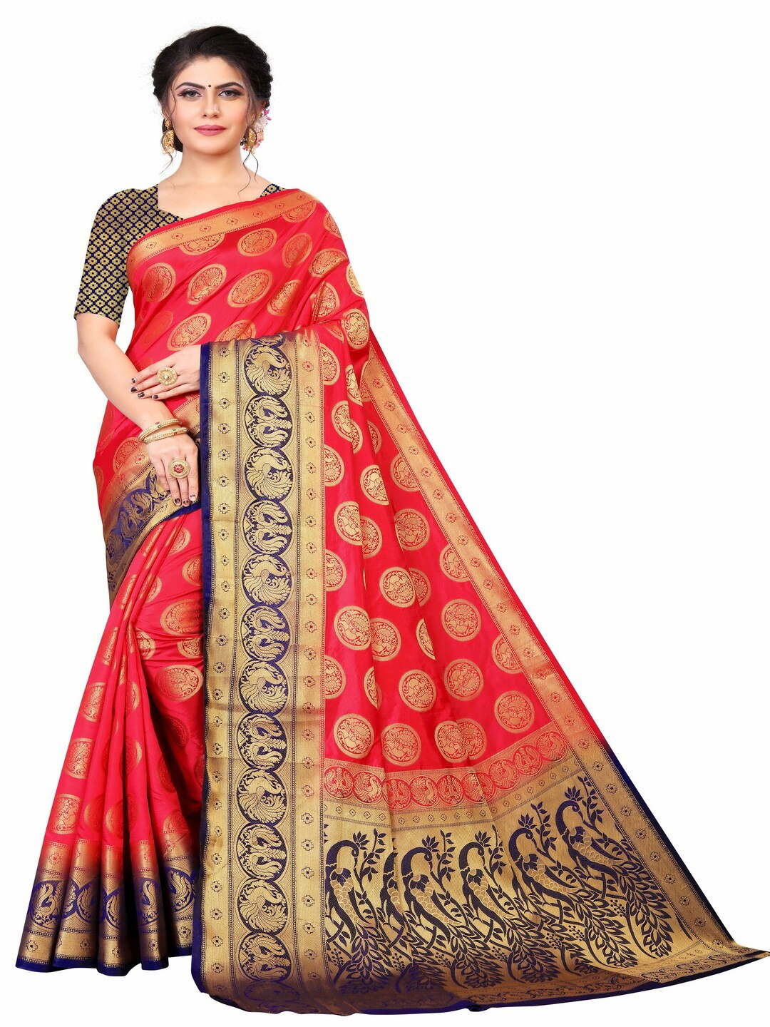 

MOKSHA DESIGNS Red & Navy Blue Woven Design Zari Pure Silk Kanjeevaram Saree