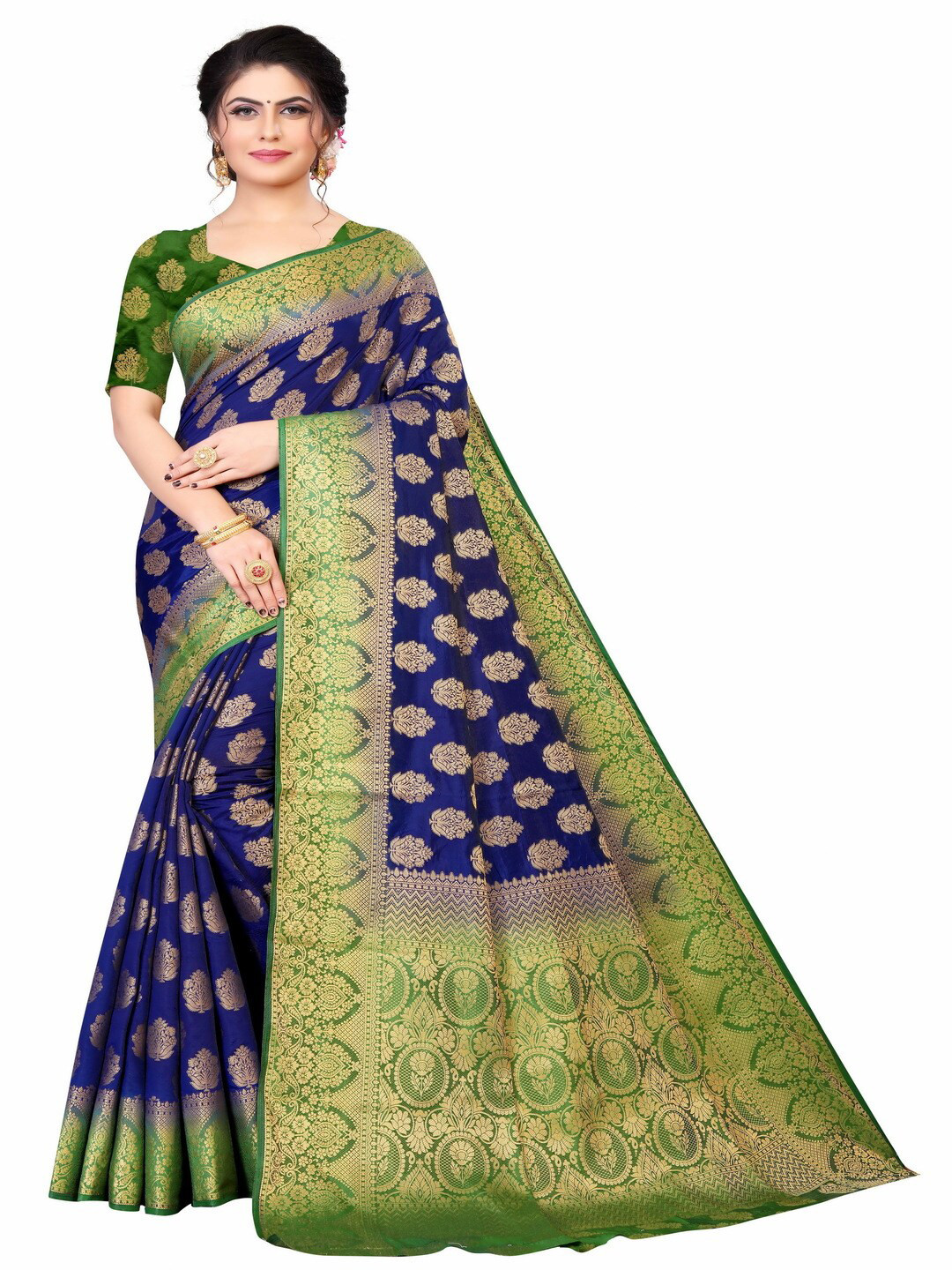 

MOKSHA DESIGNS Women Navy Blue & Green Woven Design Zari Pure Silk Kanjeevaram Saree