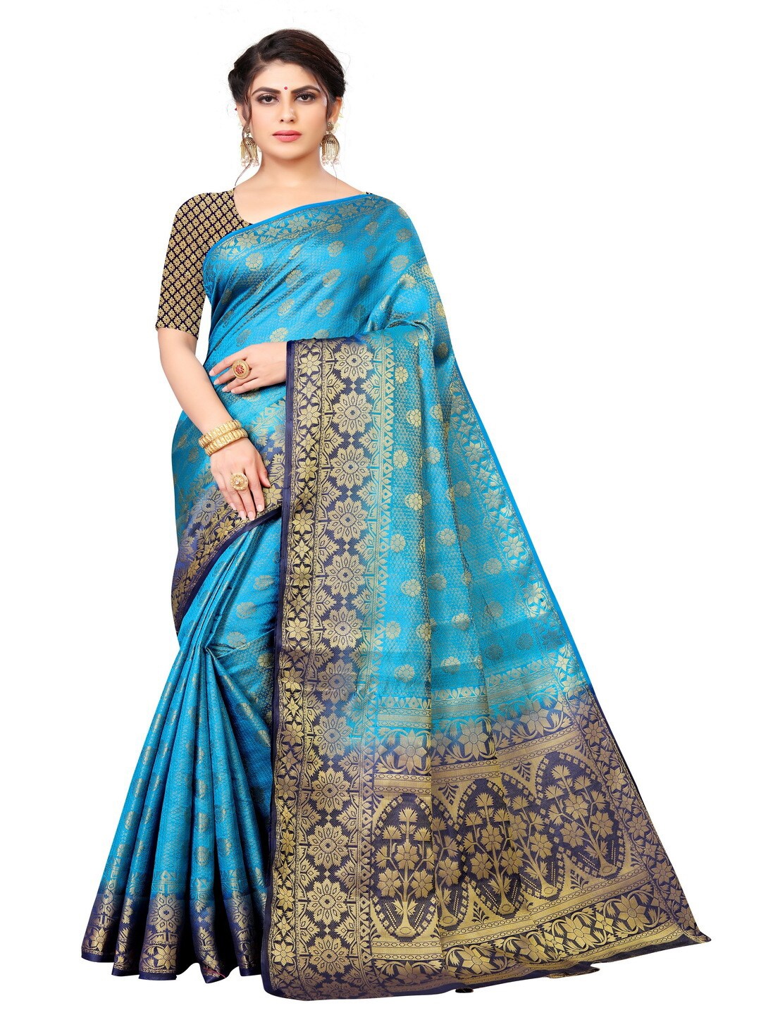 

MOKSHA DESIGNS Blue & Black Woven Design Zari Pure Silk Kanjeevaram Saree