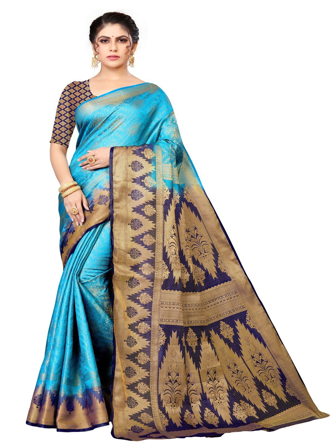 

MOKSHA DESIGNS Women Blue & Navy Blue Woven Design Zari Pure Silk Kanjeevaram Saree