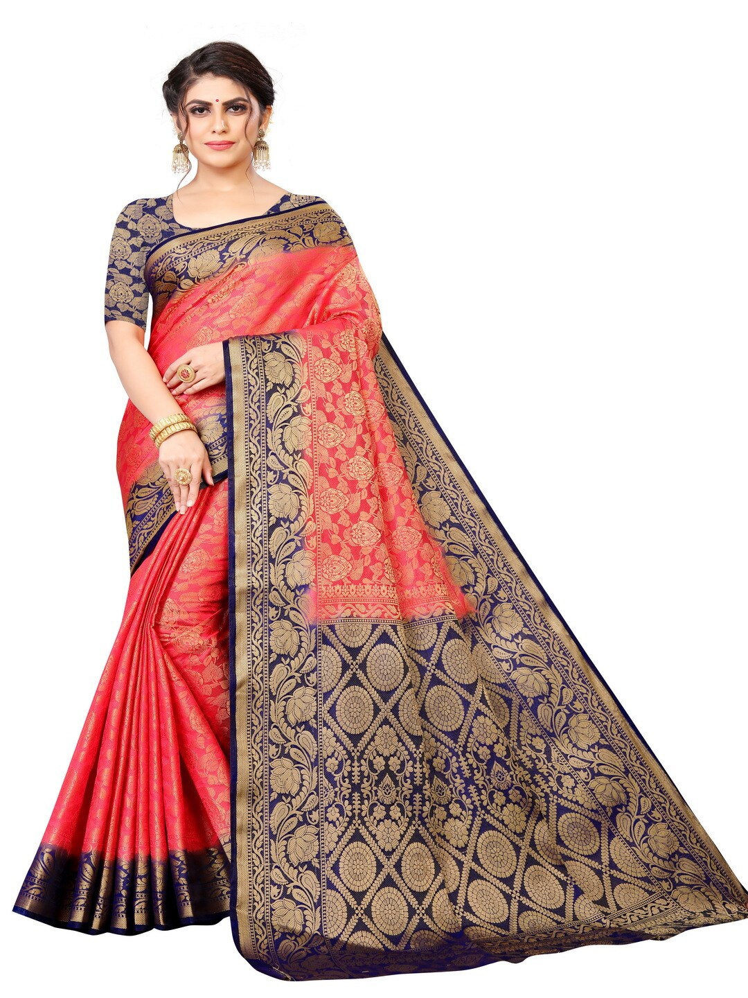 

MOKSHA DESIGNS Pink & Navy Blue Woven Design Zari Pure Silk Kanjeevaram Saree