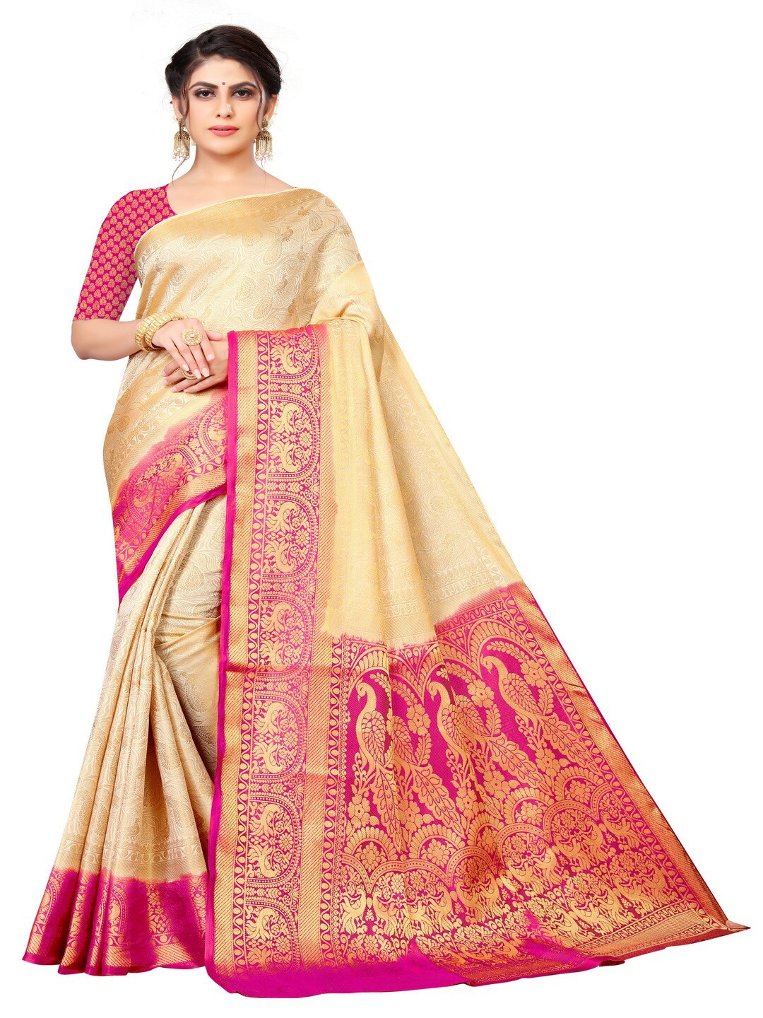 

MOKSHA DESIGNS Off White & Pink Woven Design Zari Pure Silk Kanjeevaram Saree