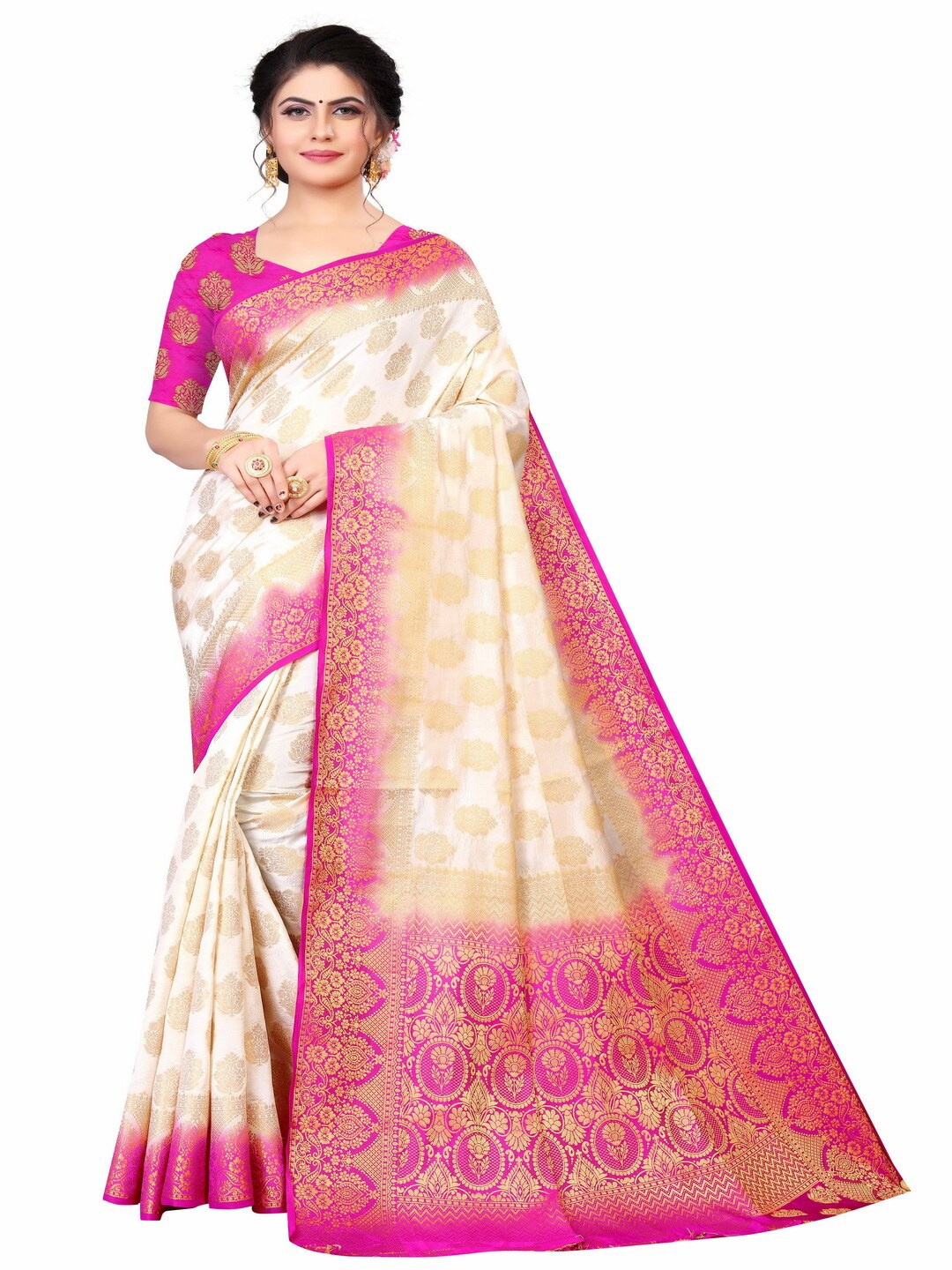 

MOKSHA DESIGNS Off White & Pink Ethnic Motifs Zari Pure Silk Kanjeevaram Saree