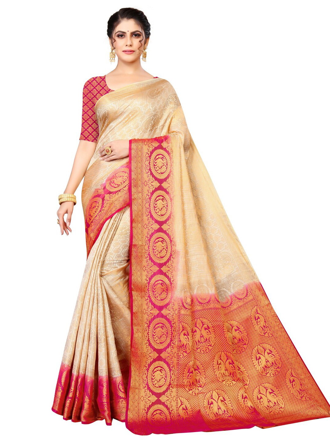 

MOKSHA DESIGNS Off White & Red Woven Design Zari Pure Silk Kanjeevaram Saree