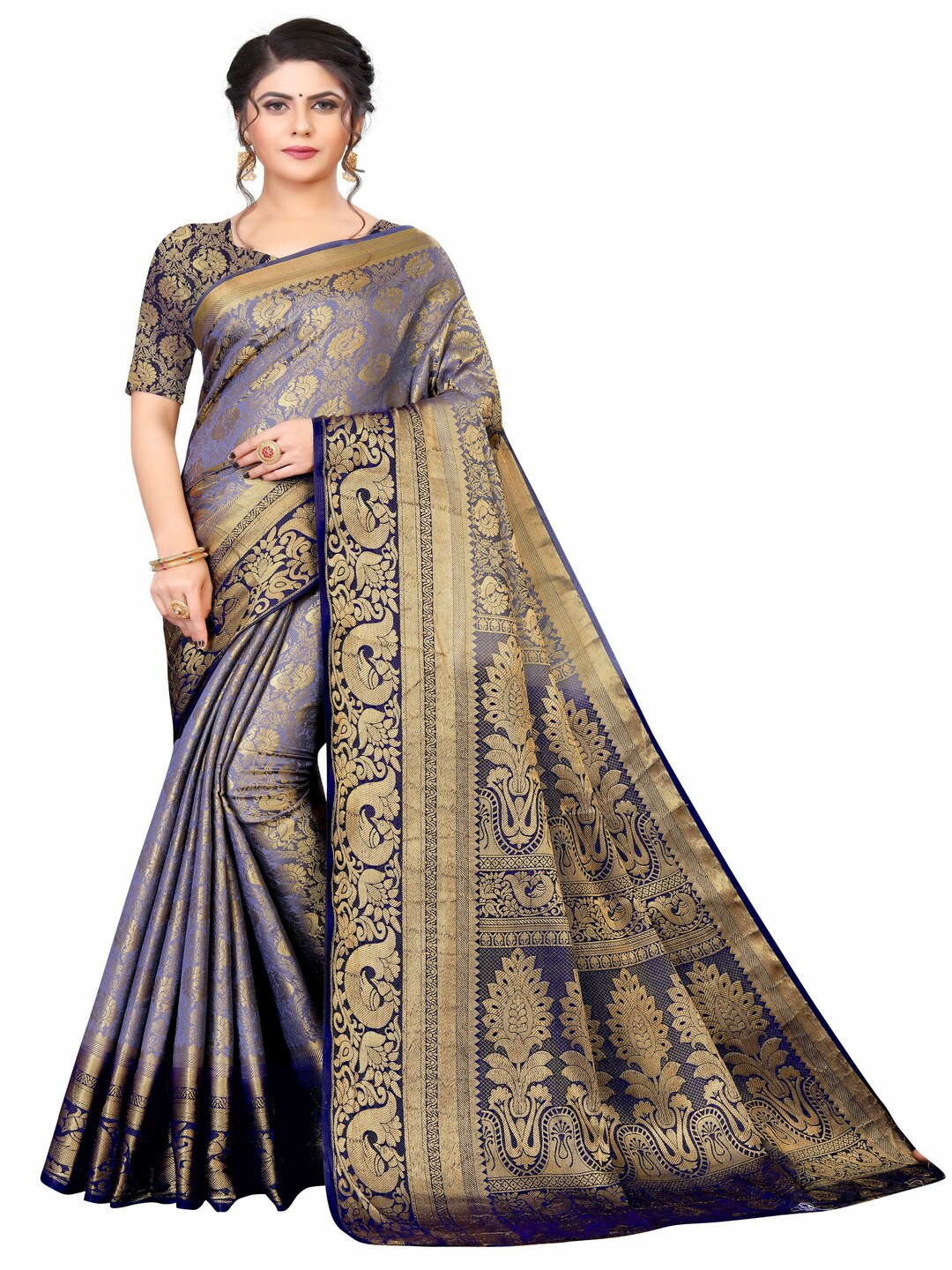 

MOKSHA DESIGNS Grey & Navy Blue Woven Design Zari Pure Silk Kanjeevaram Saree