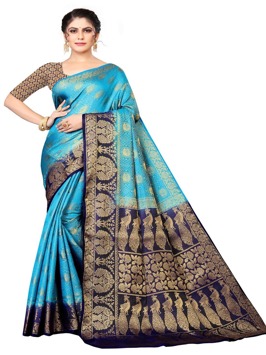 

MOKSHA DESIGNS Blue & Black Woven Design Zari Pure Silk Kanjeevaram Saree