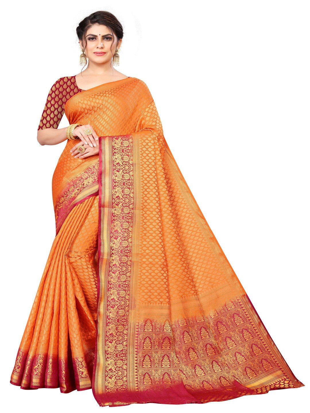 

MOKSHA DESIGNS Orange & Red Ethnic Motifs Zari Pure Silk Kanjeevaram Saree