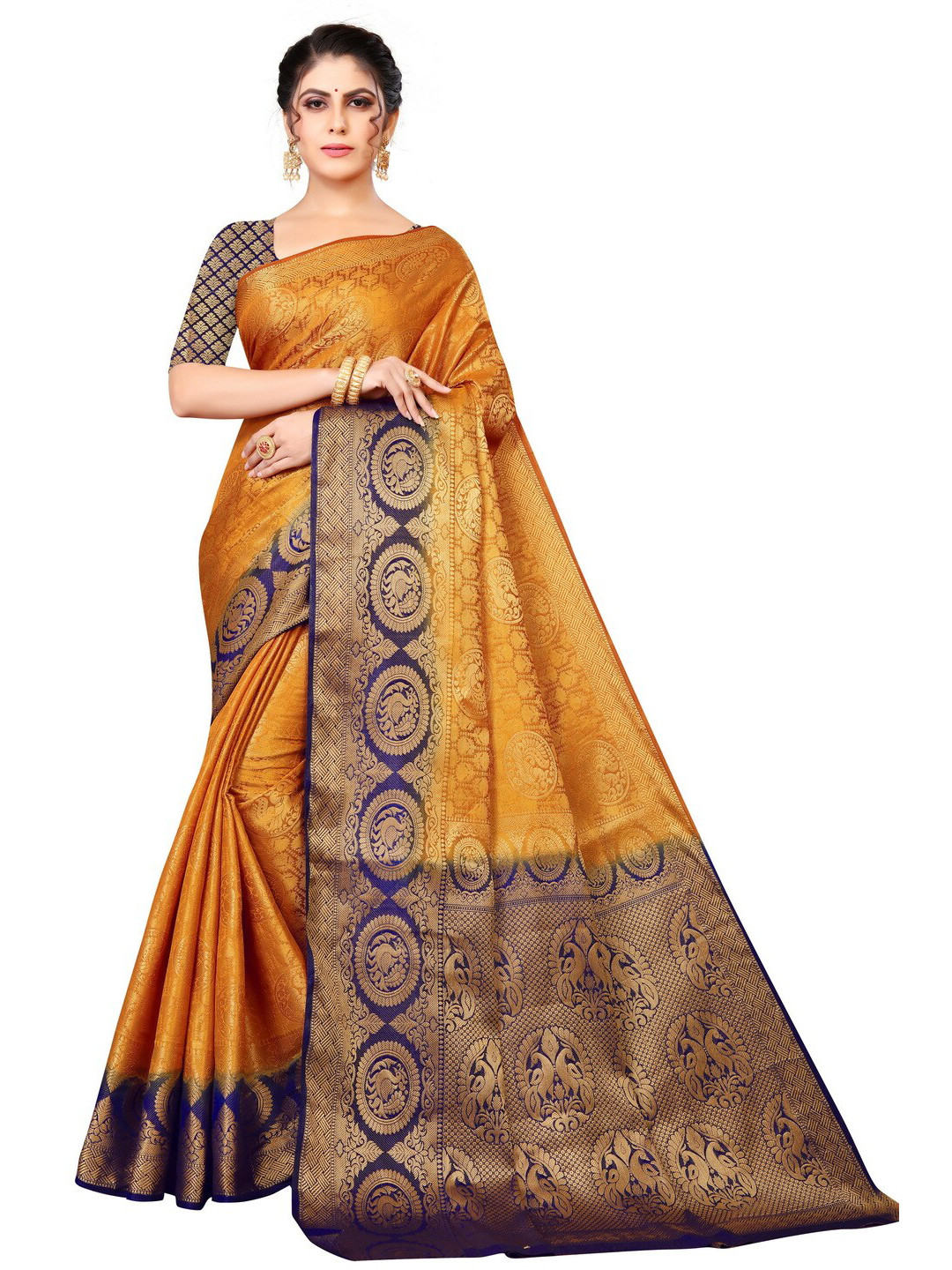 

MOKSHA DESIGNS Yellow & Navy Blue Woven Design Zari Pure Silk Kanjeevaram Saree