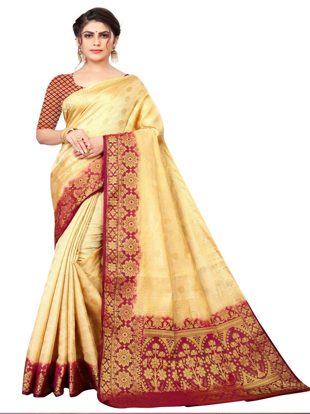 

MOKSHA DESIGNS Off White & Maroon Woven Design Zari Pure Silk Kanjeevaram Saree