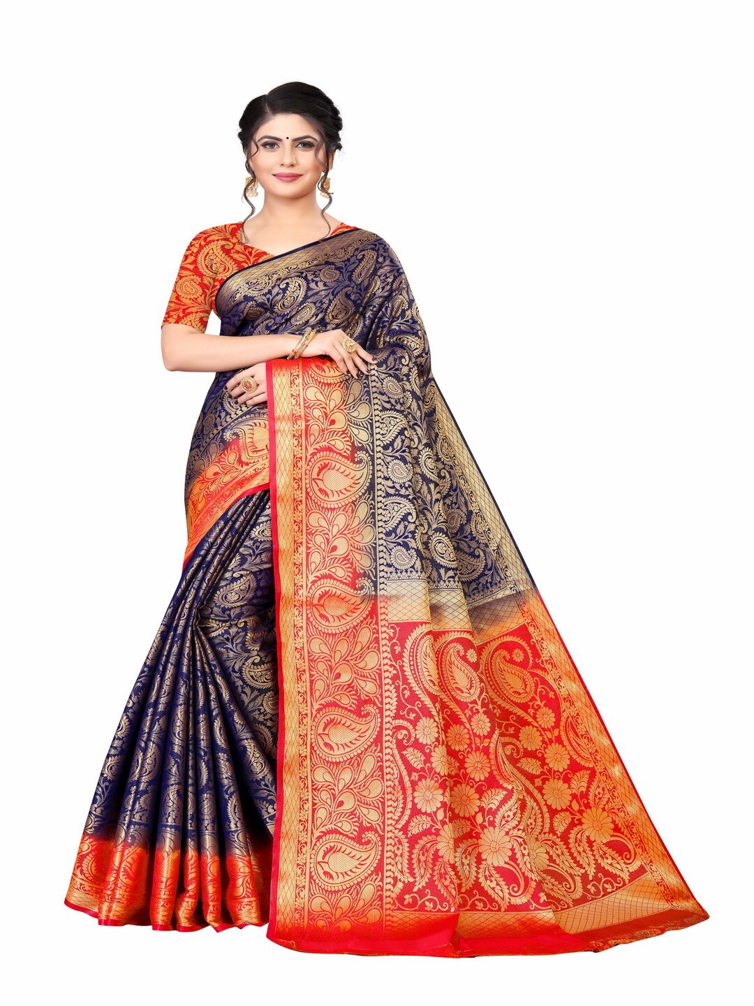 

MOKSHA DESIGNS Navy Blue & Red Woven Design Zari Pure Silk Kanjeevaram Saree