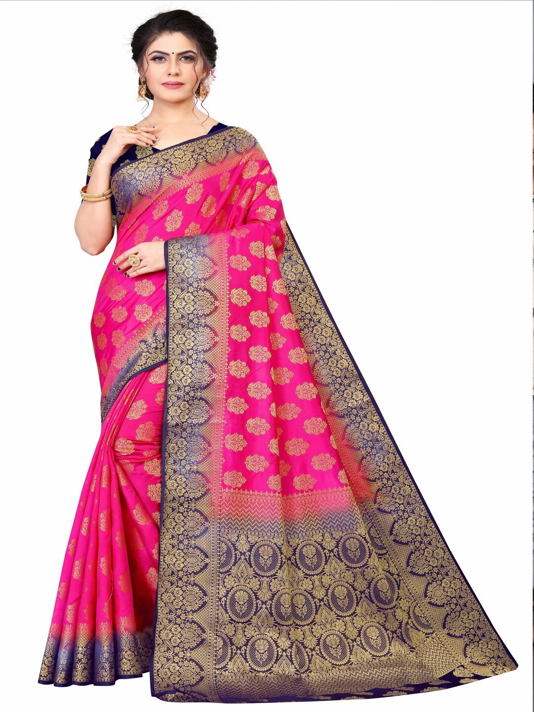 

MOKSHA DESIGNS Pink & Navy Blue Woven Design Pure Silk Kanjeevaram Saree